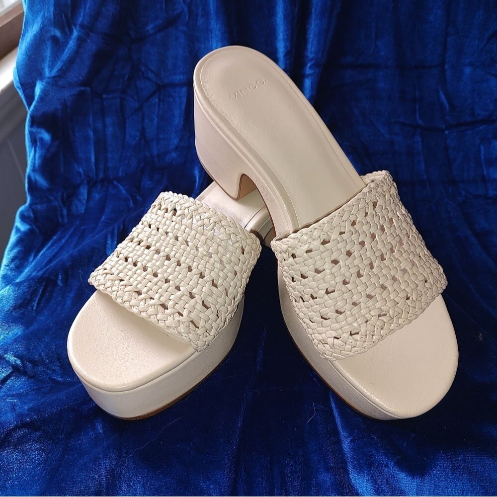 Vince Women's Margo Cream White Woven Block Heel Sandals 7